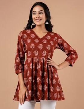 floral kurti with cuffed sleeves