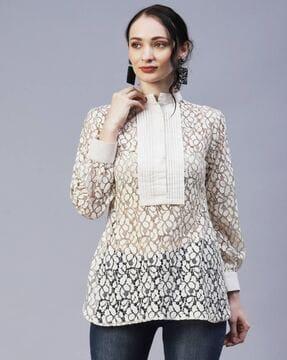 floral lace a-line kurti with puffed sleeves