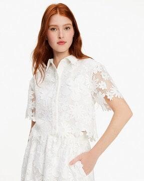 floral lace relaxed fit collared top