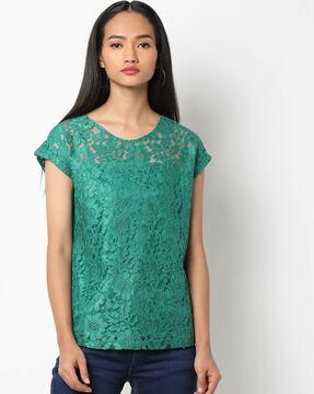 floral lace round-neck top with drop sleeves