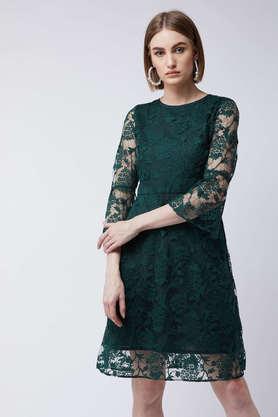 floral lace round neck women's maxi dress - green