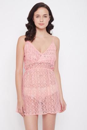 floral lace sheer women's baby doll - pink