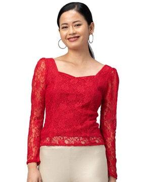 floral lace sweatheart-neck top