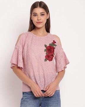 floral lace top with cold-shoulder sleeves