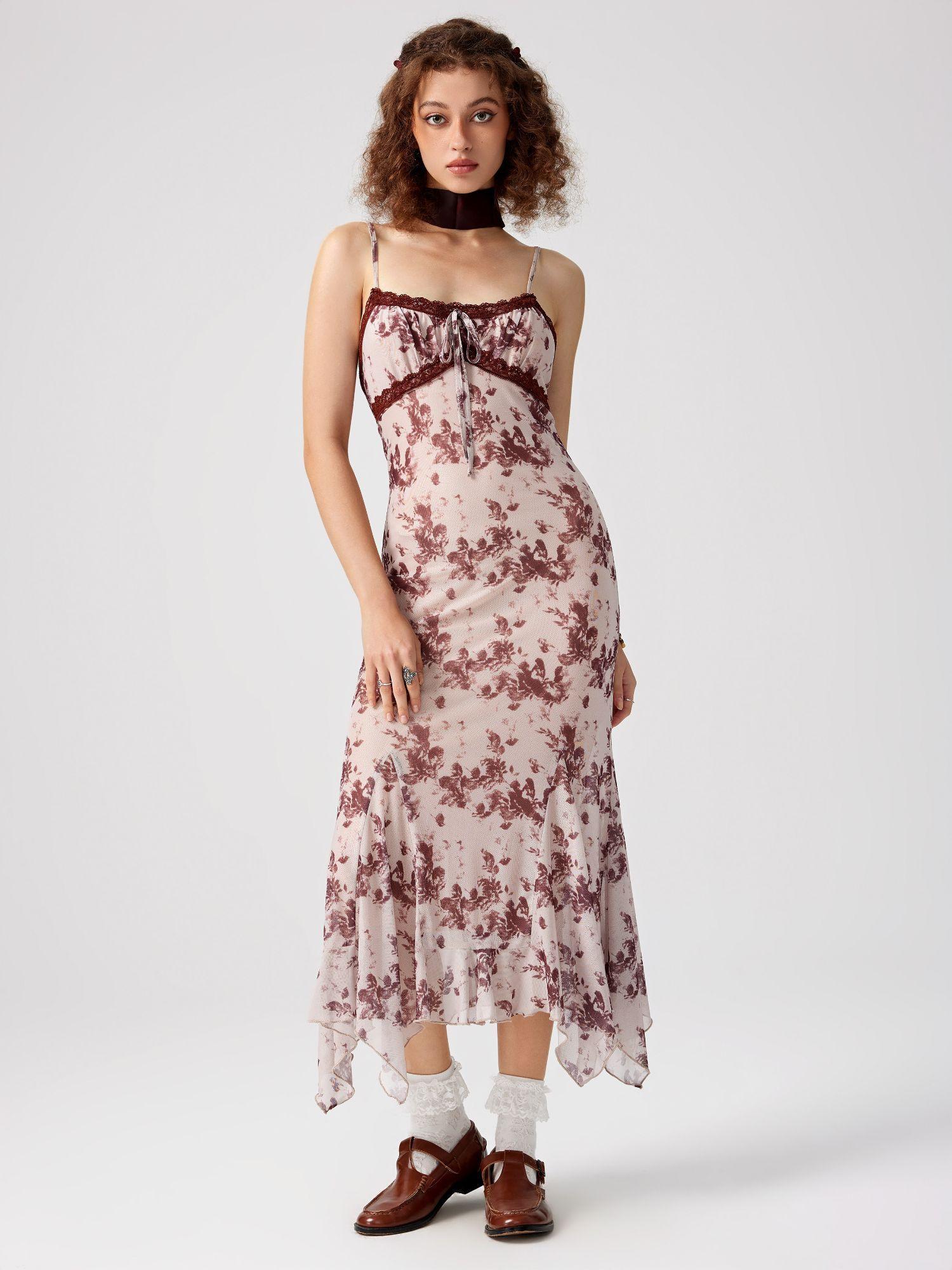 floral lace trim knotted midi dress