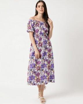 floral linen mix off-shoulder dress