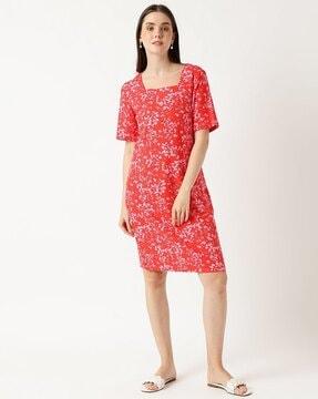 floral linen mix square-neck shift dress