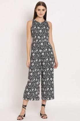 floral linen regular fit women's jumpsuit - black