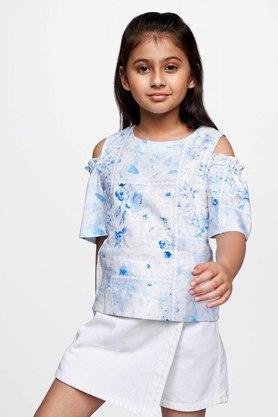 floral linen round neck girls top - blue