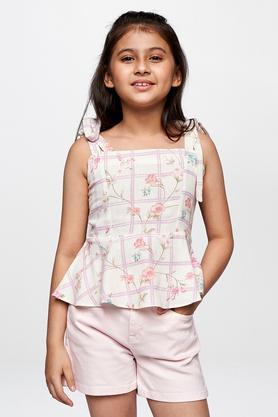 floral linen square neck girls top - white