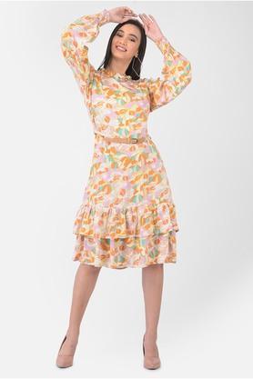 floral lyocell round neck women's casual midi dress - pink