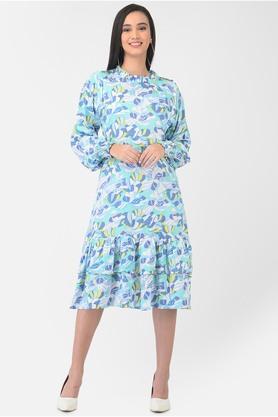 floral lyocell round neck womens casual midi dress - blue