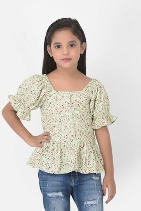 floral lyocell square neck girls top - green