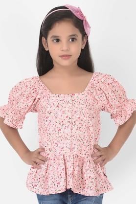 floral lyocell square neck girls top - pink