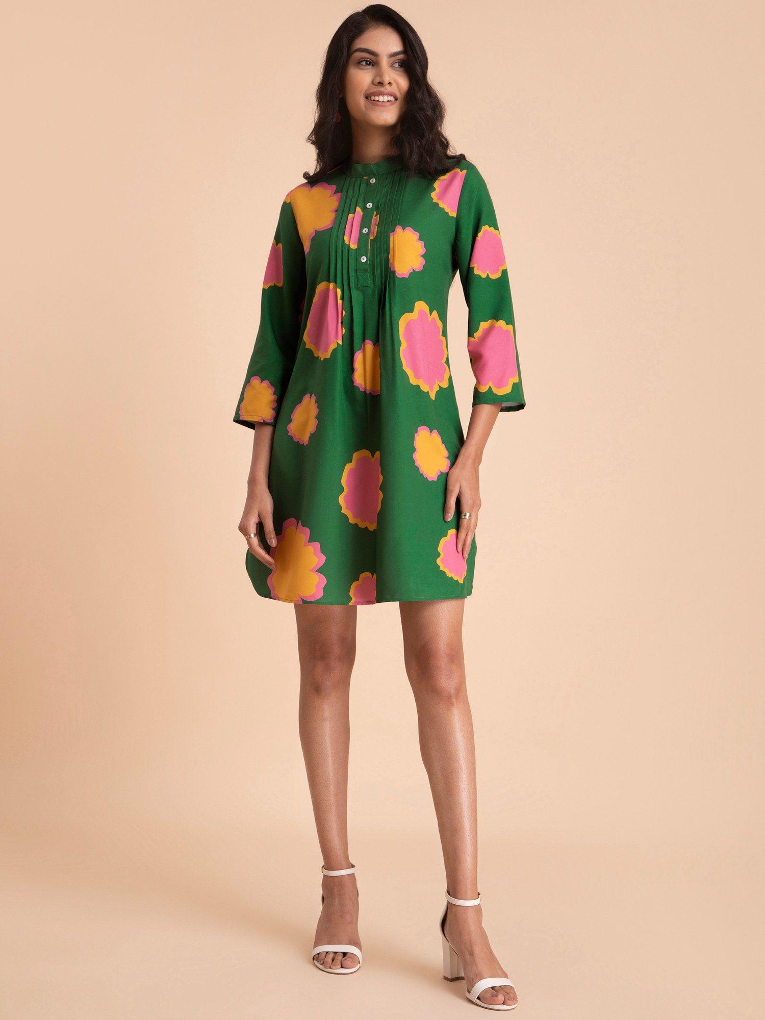 floral mandarin collar dress green