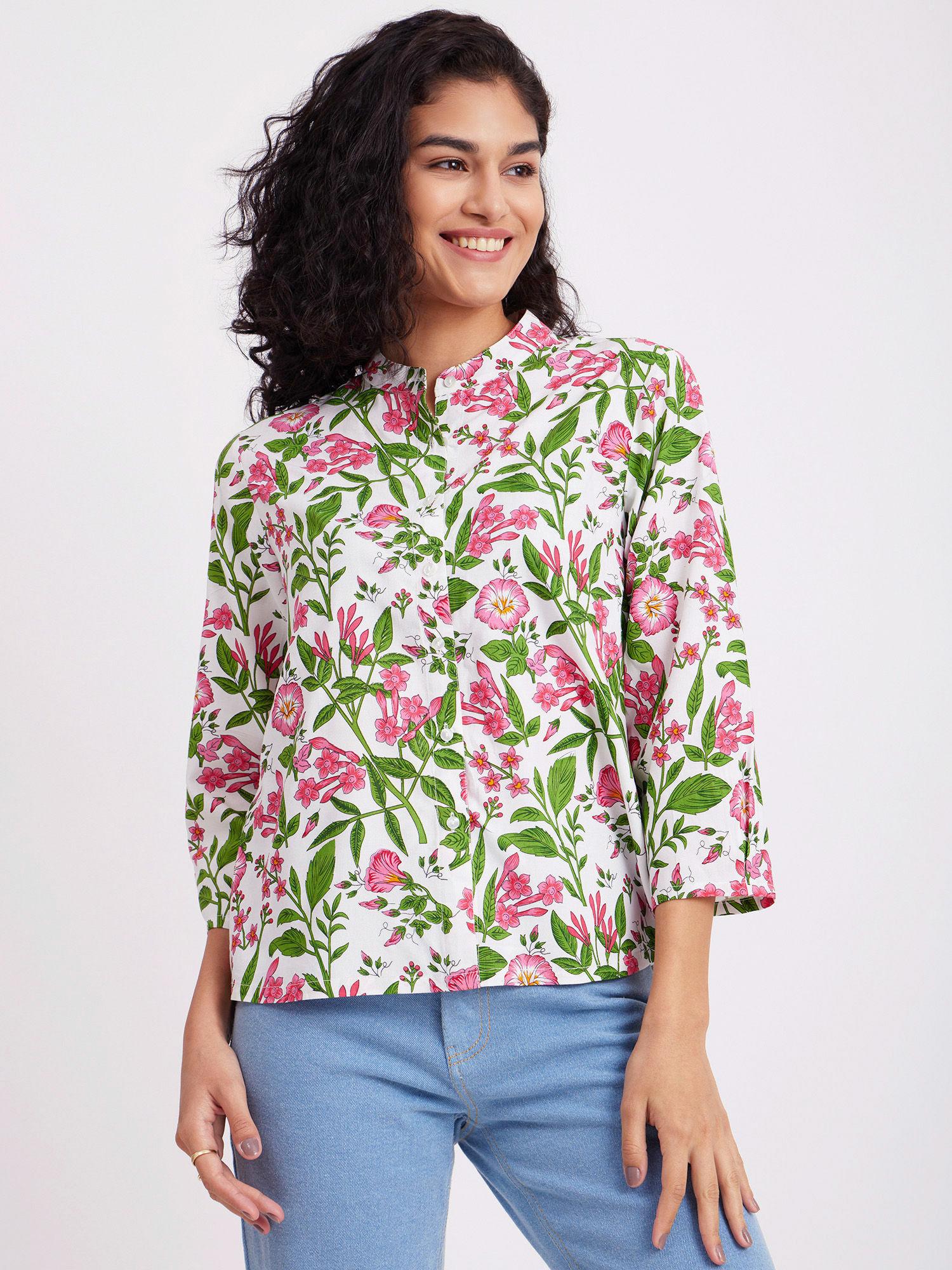 floral mandarin collar top white