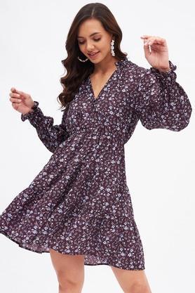 floral mandarin crepe women's mini dress - plum