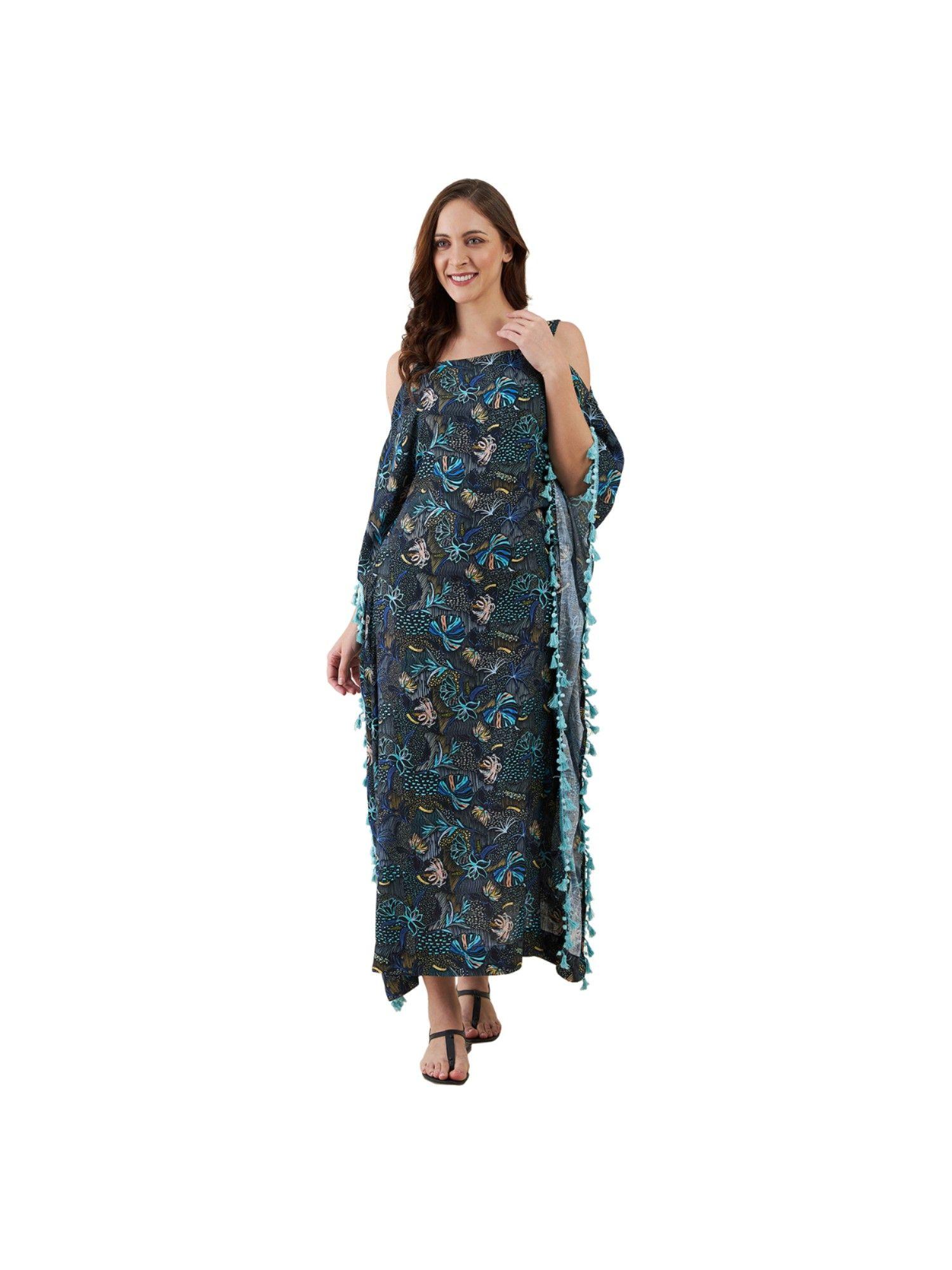 floral maxi kaftan with fringes blue