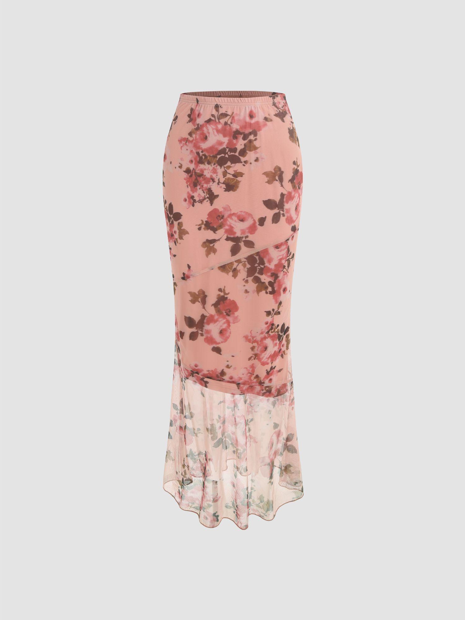floral mesh high waist maxi skirt