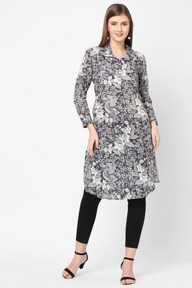 floral modal collar neck women's kurta - navy