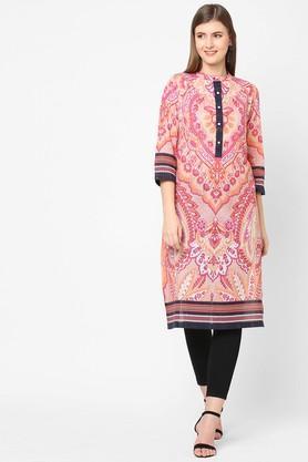 floral modal round neck womens kurta - peach