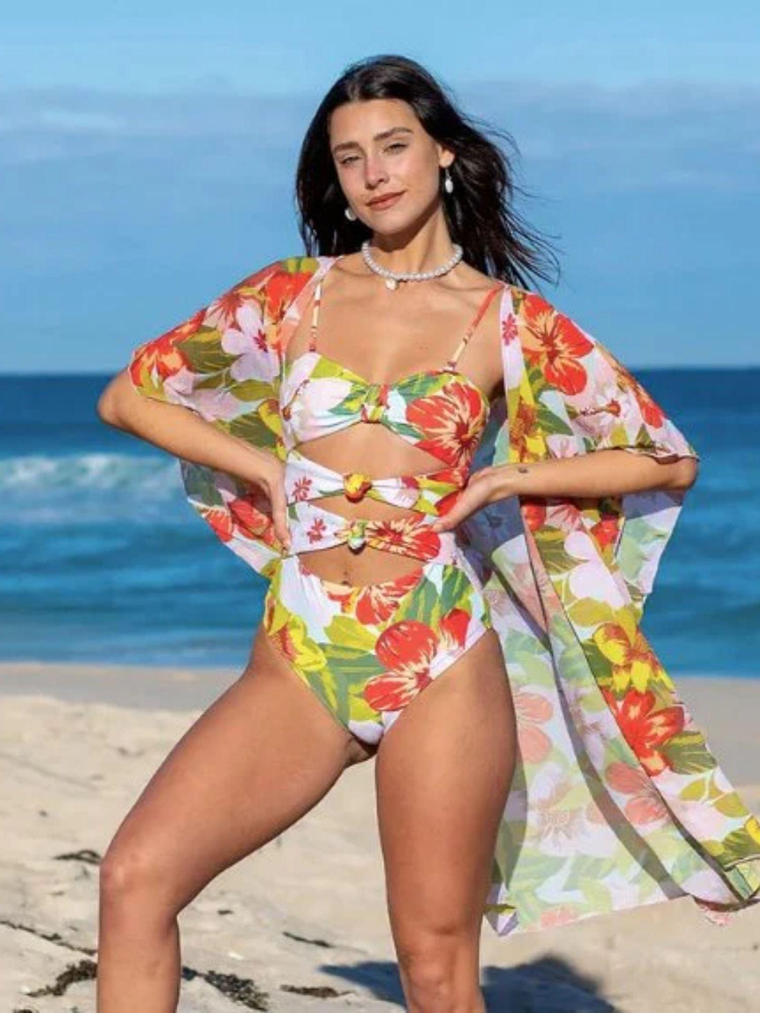 floral monokini with coverup - multi-color (set of 2)