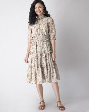 floral neck tie-up tiered dress