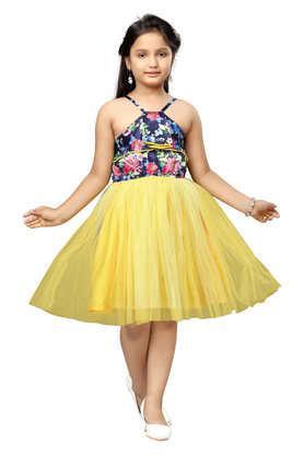 floral nylon off shoulder girls party wear dress - yellow
