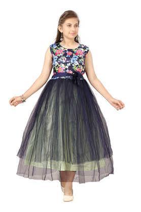 floral nylon round neck girls party wear gown - multi