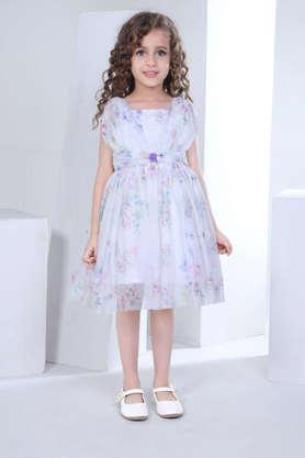 floral nylon square neck girls party wear dress with bow - purple