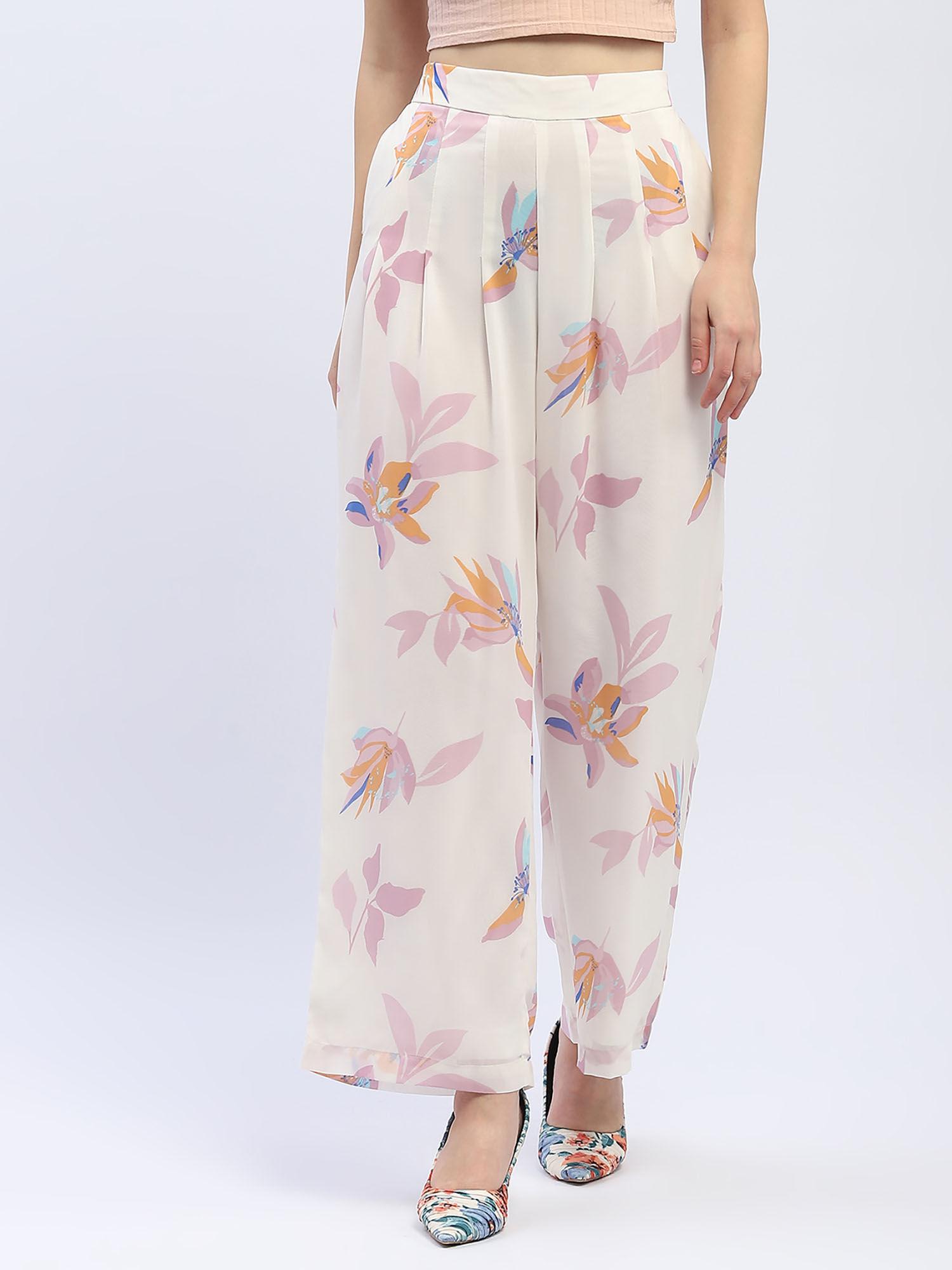 floral off-white front pleated trouser