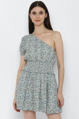 floral one shoulder cotton women's mini dress - blue