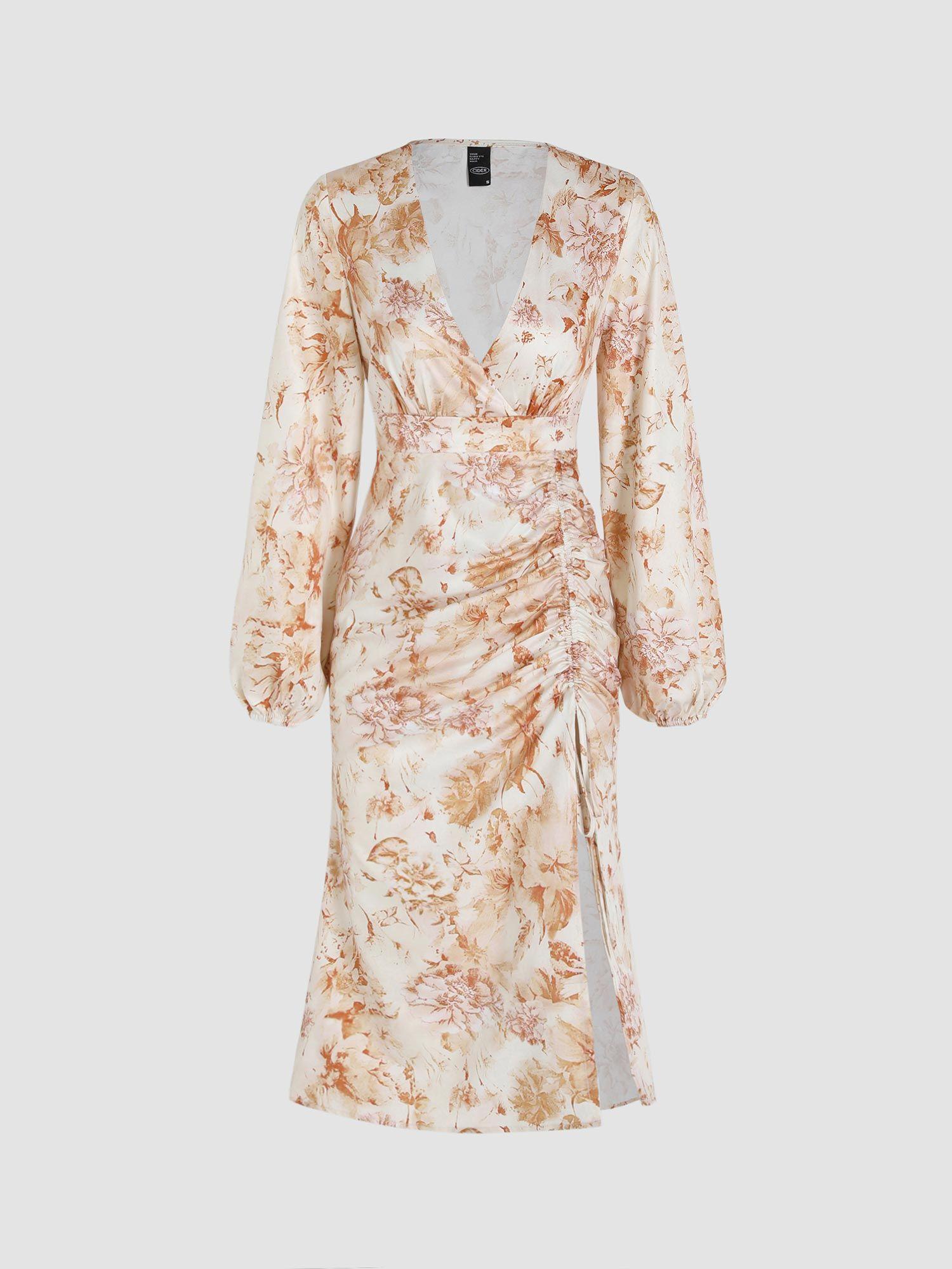 floral painting ruched long sleeve dress