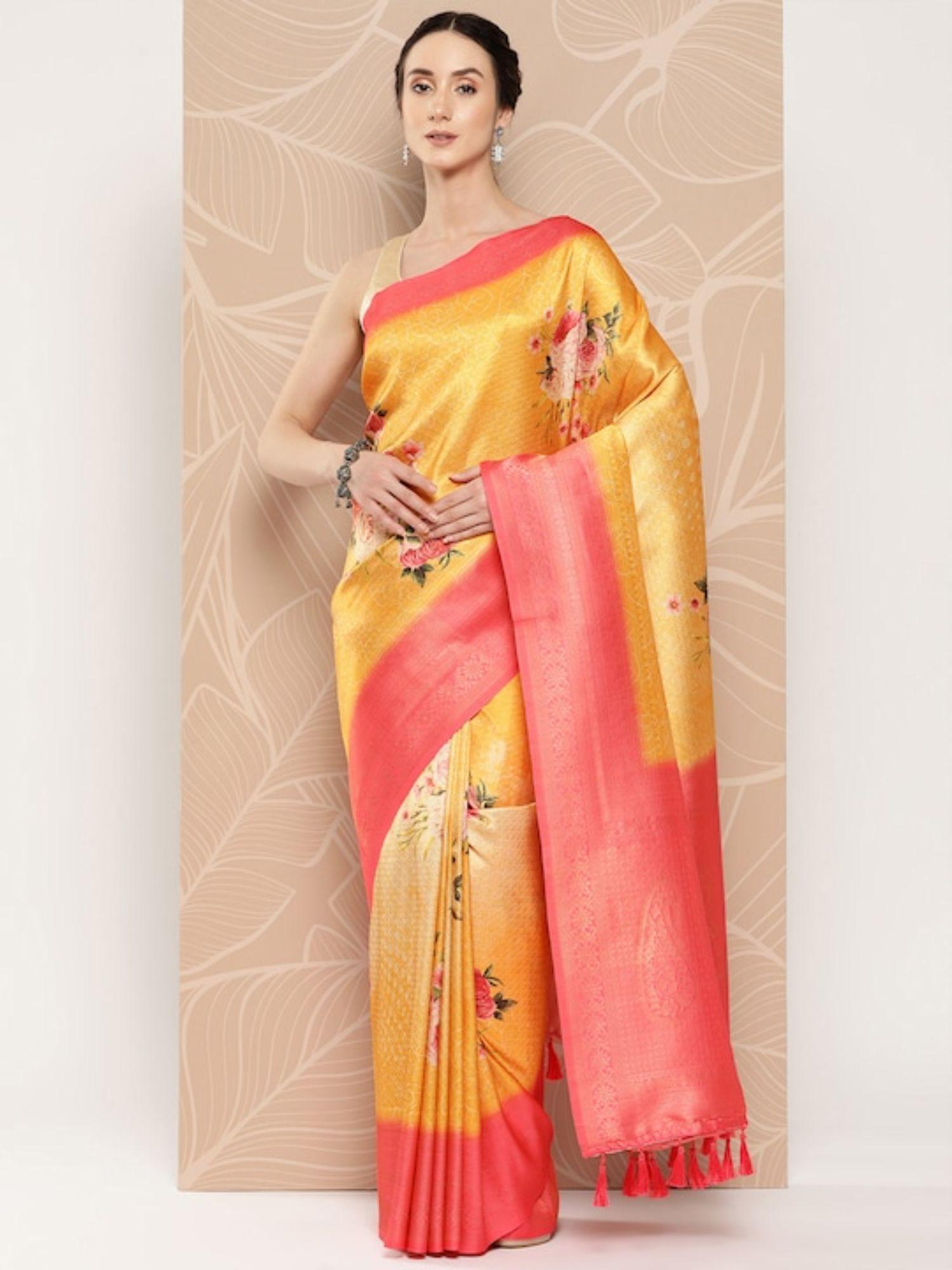 floral paisley zari woven design banarasi saree & tassel border with unstitched blouse