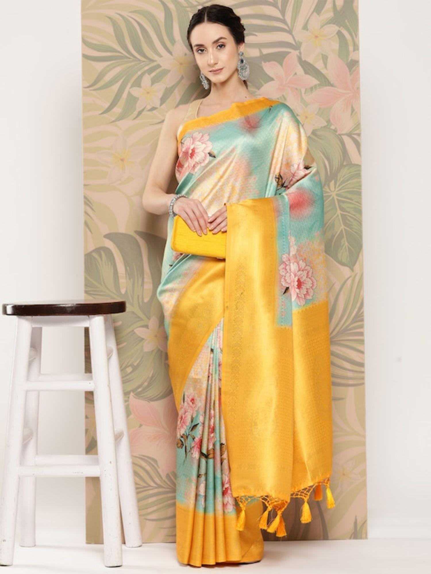 floral paisley zari woven design banarasi saree with tassel border with unstitched blouse