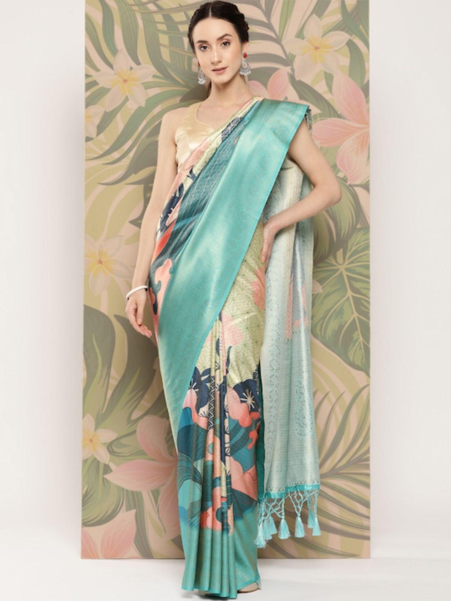 floral paisley zari woven design banarasi saree with tassel border with unstitched blouse