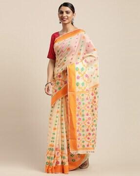 floral pattern banarasi saree with contrast border