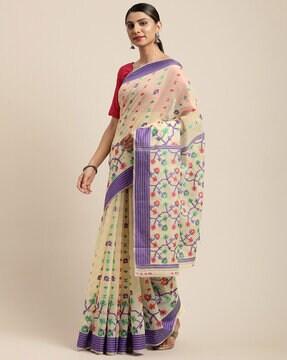 floral pattern banarasi saree with contrast border