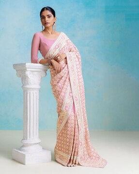 floral pattern embroidered & embellished saree set