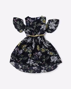floral pattern fit & flare frock with ruffles