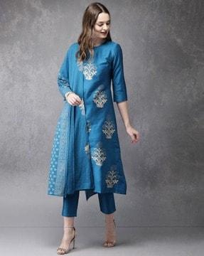 floral pattern flared kurta suit set