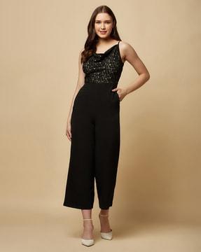 floral pattern jumpsuit with cowl neck