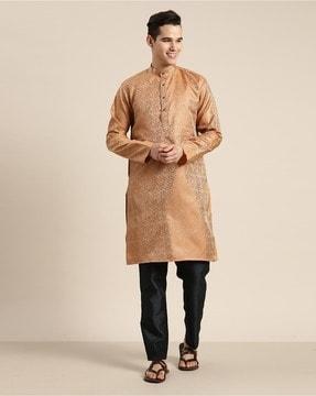 floral pattern long kurta with mandarin collar