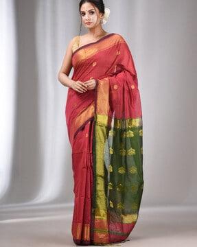 floral pattern saree with contrast border & tassels