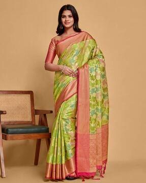 floral pattern saree with contrast border & tassels