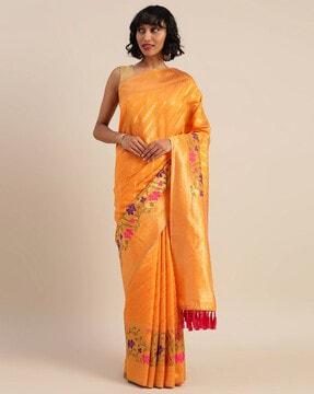 floral pattern saree with contrast border