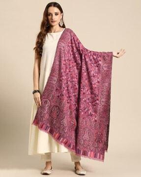 floral pattern shawl with fringed hems