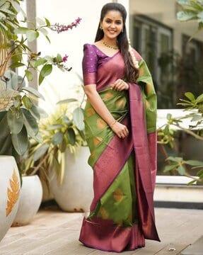 floral pattern soft silk saree with contrast border