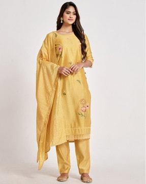 floral pattern straight kurta suit set