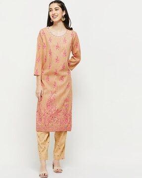 floral pattern straight kurta suit set